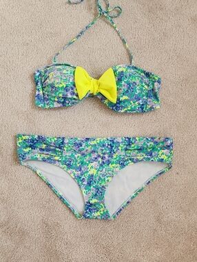 aerie Floral Bikini Set with Neon Yellow Bow L/XL